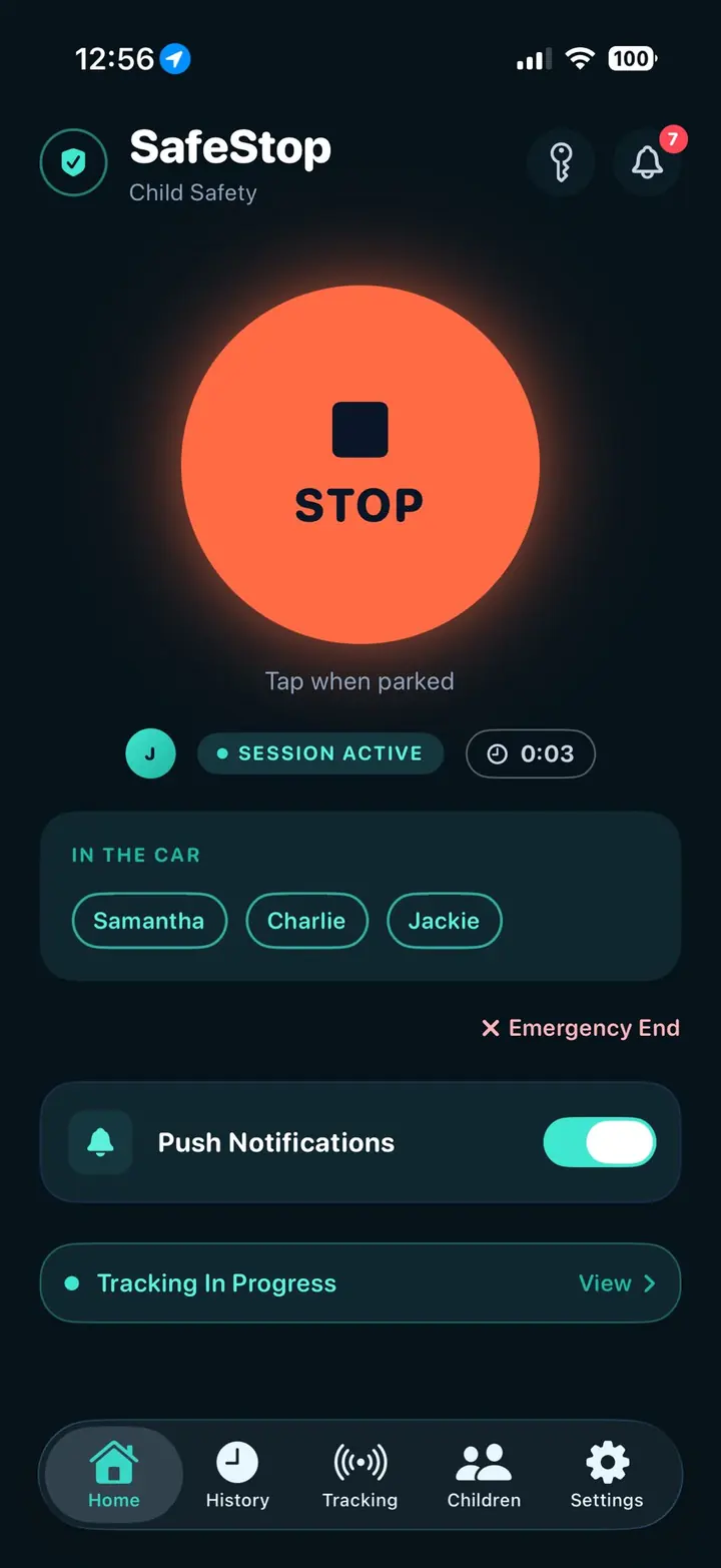 SafeStop active trip screen showing driver, trip duration, and checked-in children