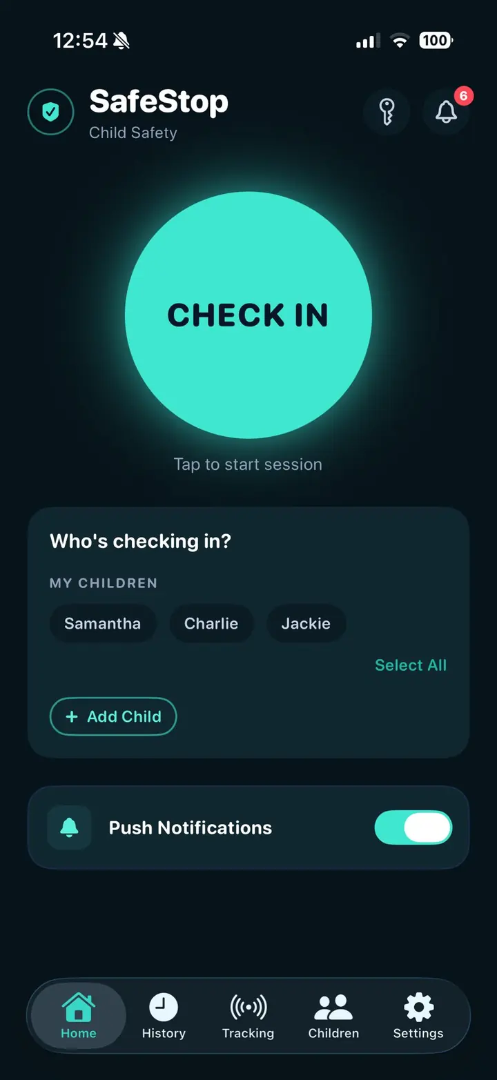 SafeStop check-in screen for selecting children before a drive