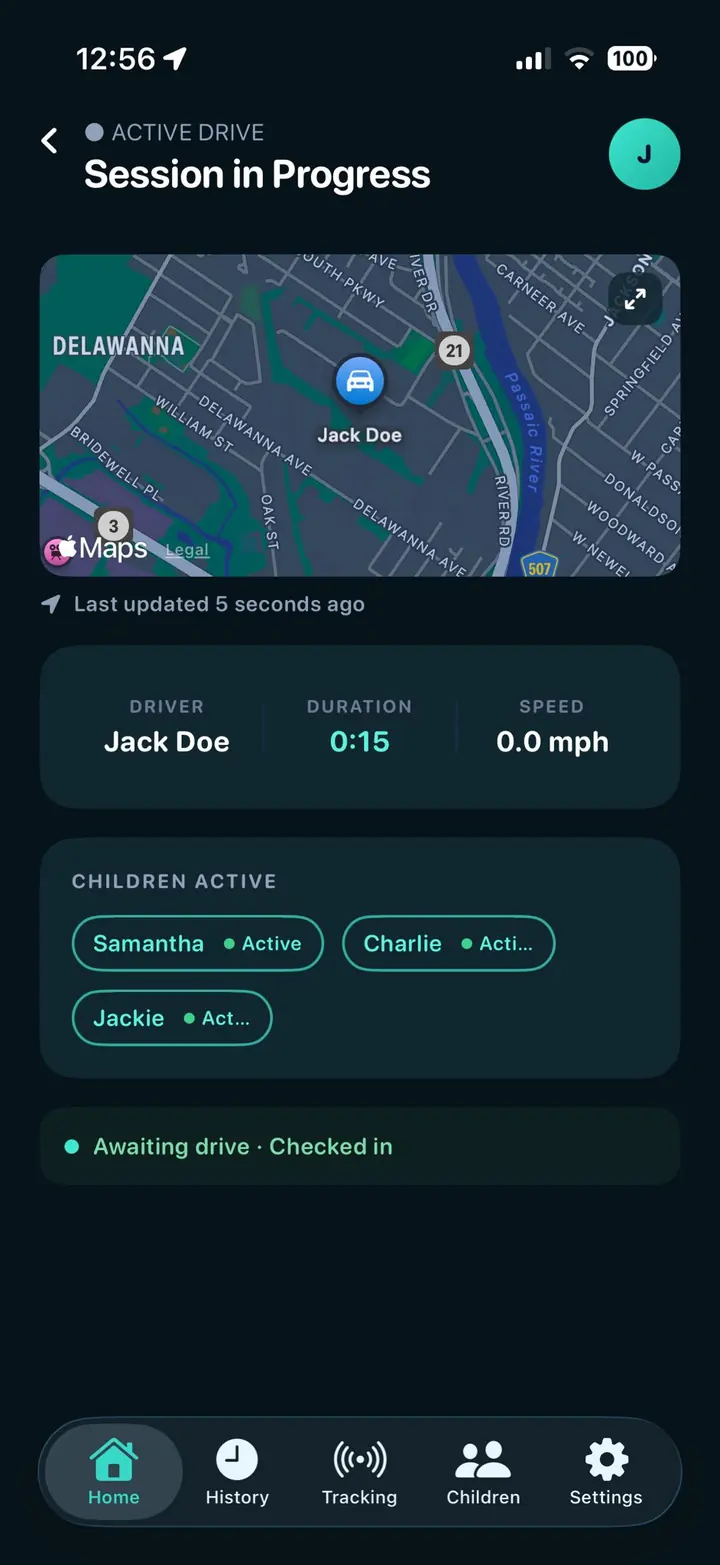 SafeStop trusted partner view showing an active drive, children, and trip status